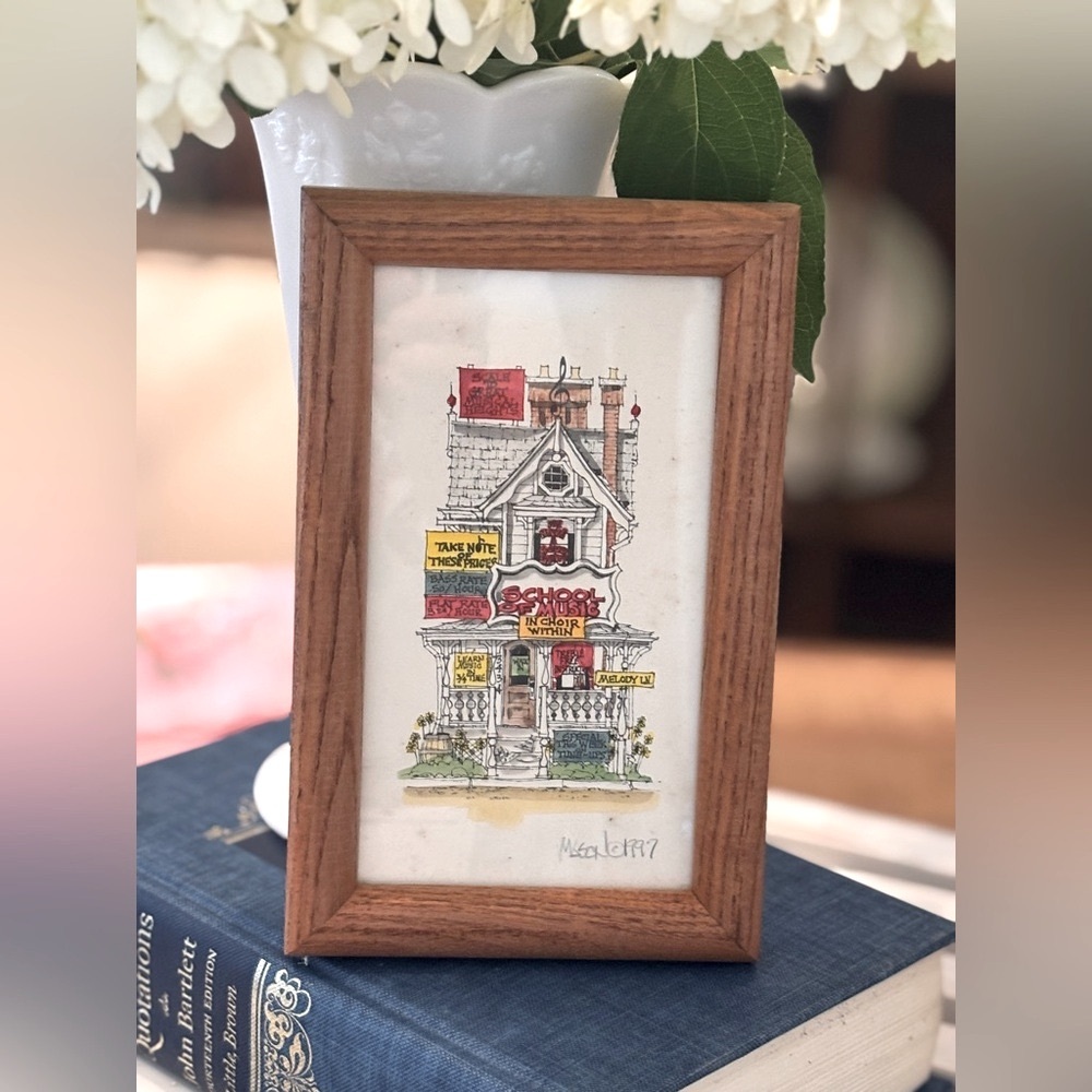 Vintage 1997 Framed Art Print | Signed | Dated | Illustration | 5x8 | Cartoon